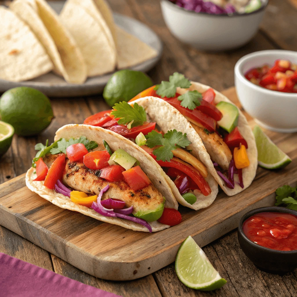 A taco bar setup with various fillings and toppings in bowls, including grilled chicken, black beans, and salsa.