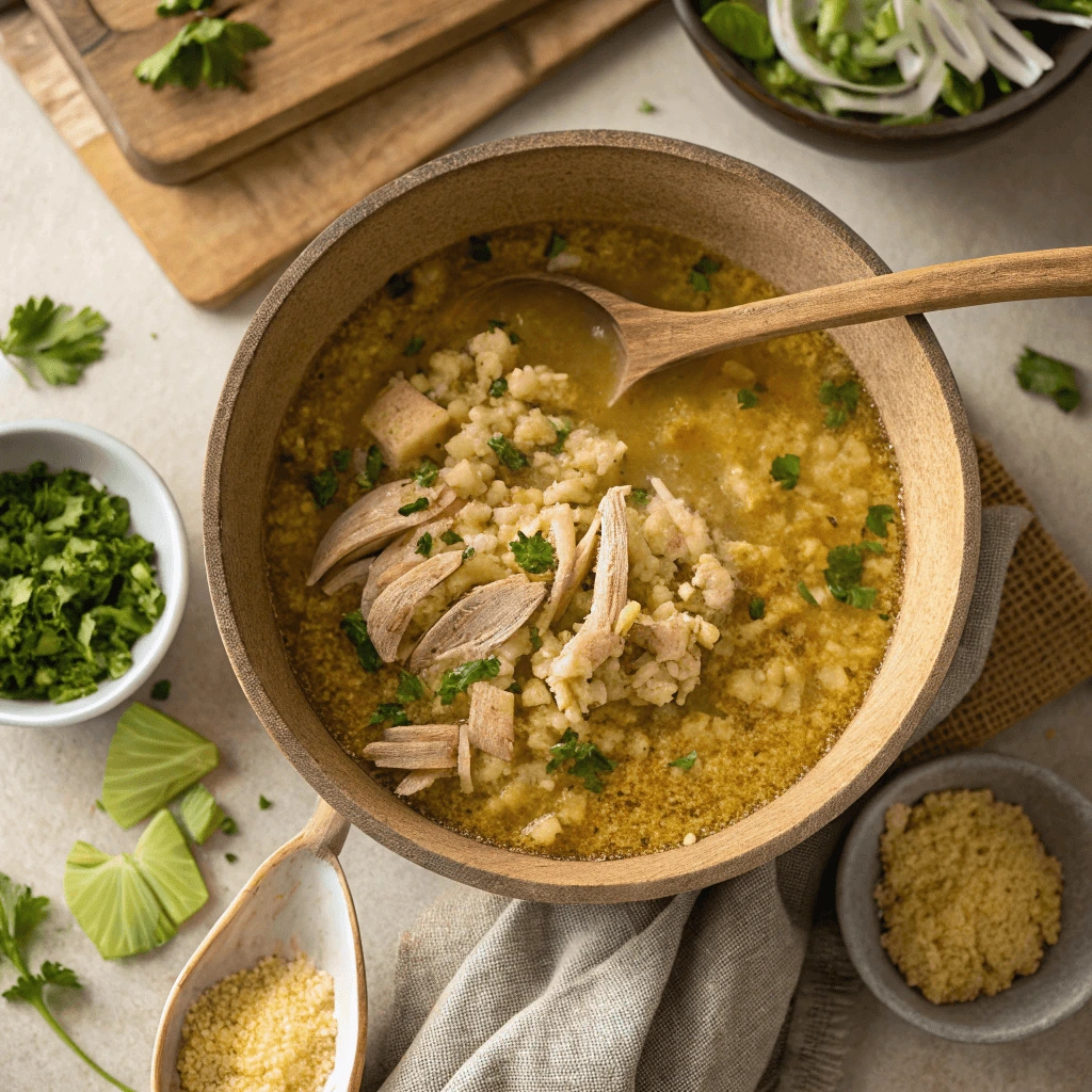 Mixing cornbread stuffing mix with chicken broth and shredded chicken