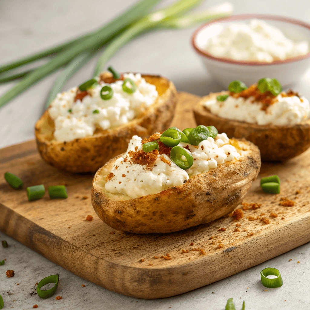 Stuffed potato skins served on a plate with fresh herbs