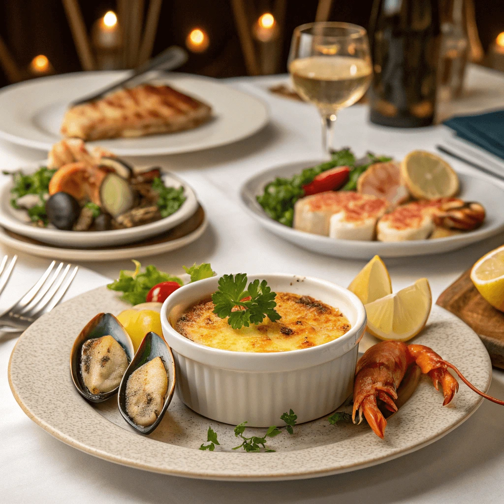 Crab brulee being served at a dinner table with seafood dishes.