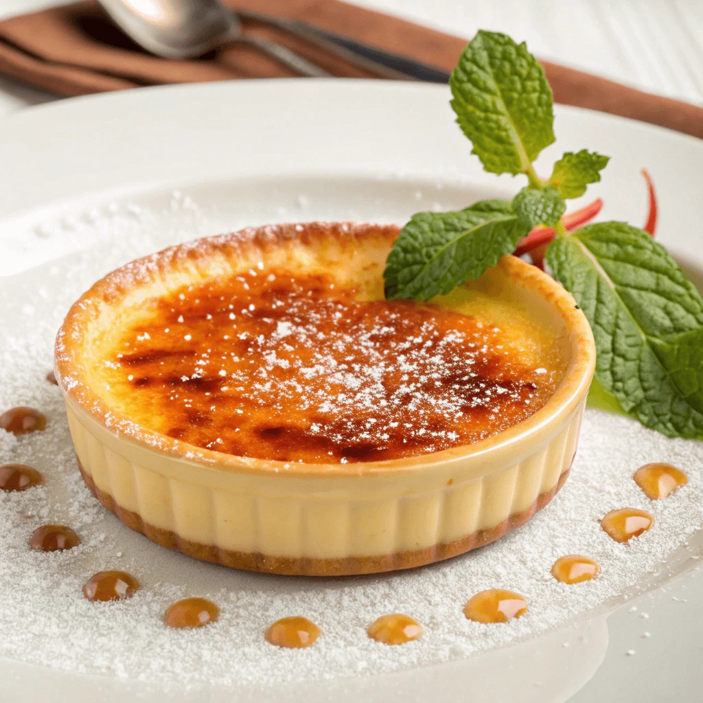 A spoon cracking the caramelized crust of a creamy crab brulee