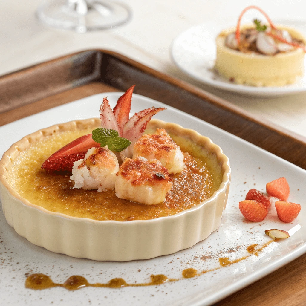 A beautifully caramelized crab brulee served in a ramekin, garnished with fresh herbs