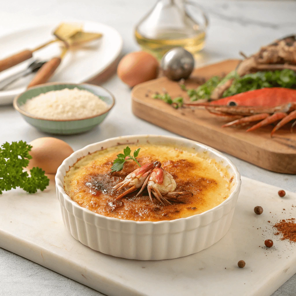 A sophisticated dining table featuring ramekins of crab brulee as the centerpiece