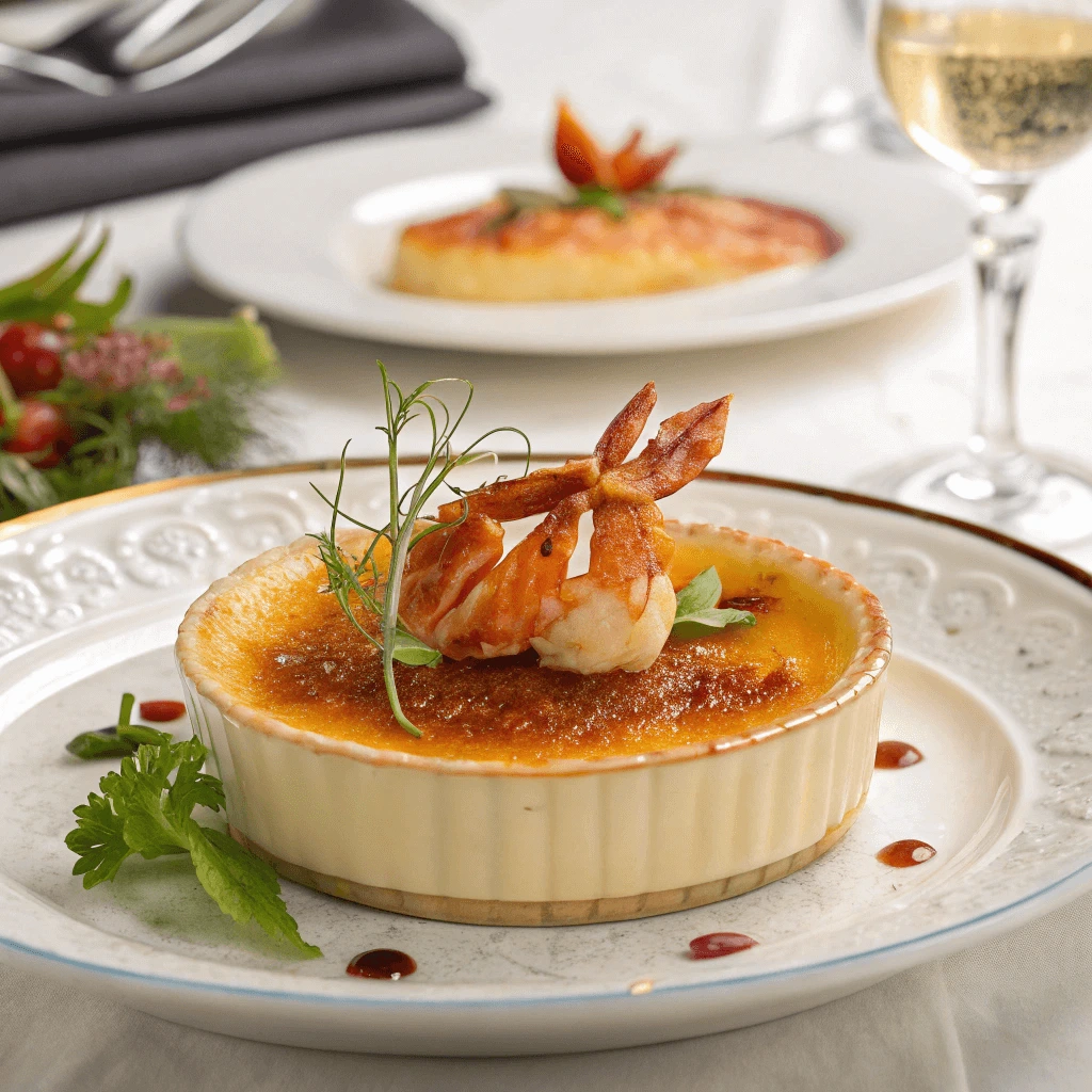 A creamy crab brulee plated with a garnish of lemon zest and herbs