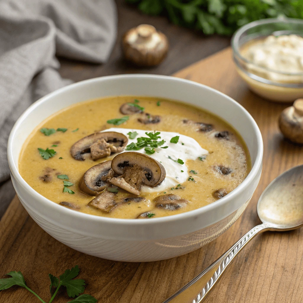 Rich and creamy button mushroom soup served in a bowl