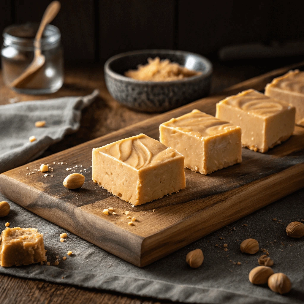 Creamy homemade peanut butter fudge squares on a wooden cutting board.