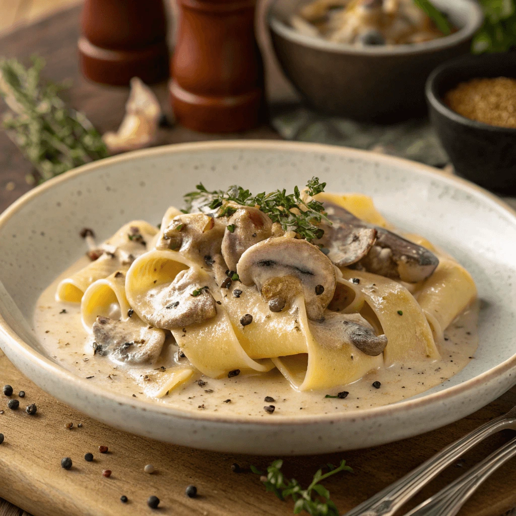 Creamy mushroom sauce with shell-shaped pasta and fresh herbs