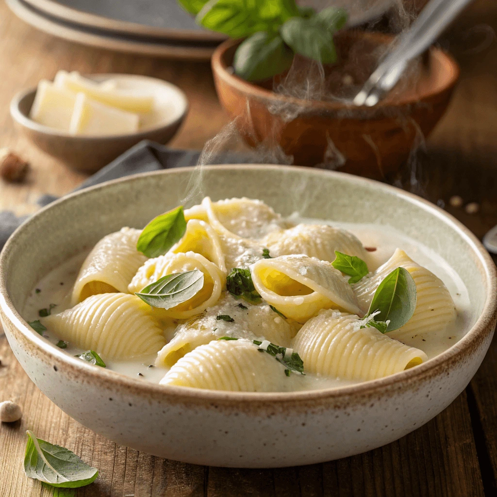 Close-up of cooked lumache pasta shells tossed in creamy Parmesan garlic sauce with fresh basil garnish