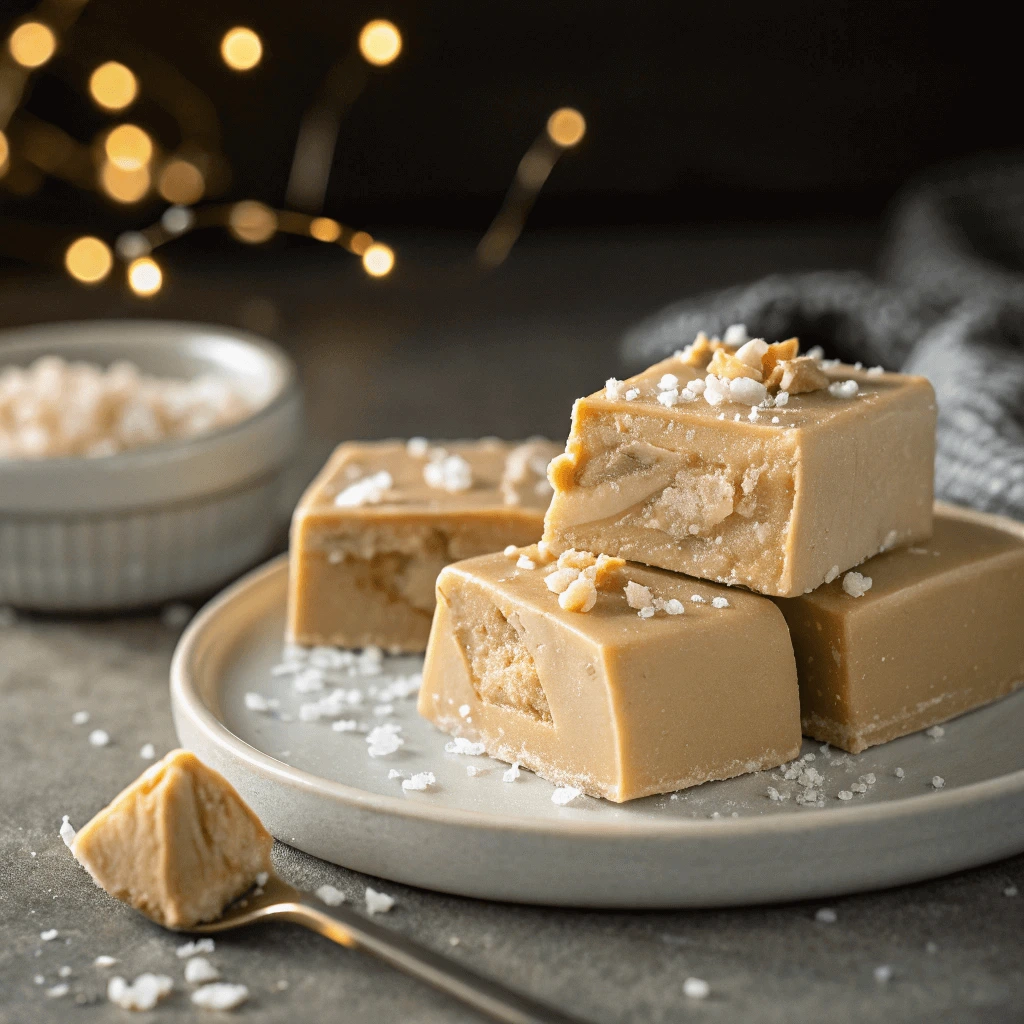 Close-up shot of freshly made peanut butter fudge squares on a plate