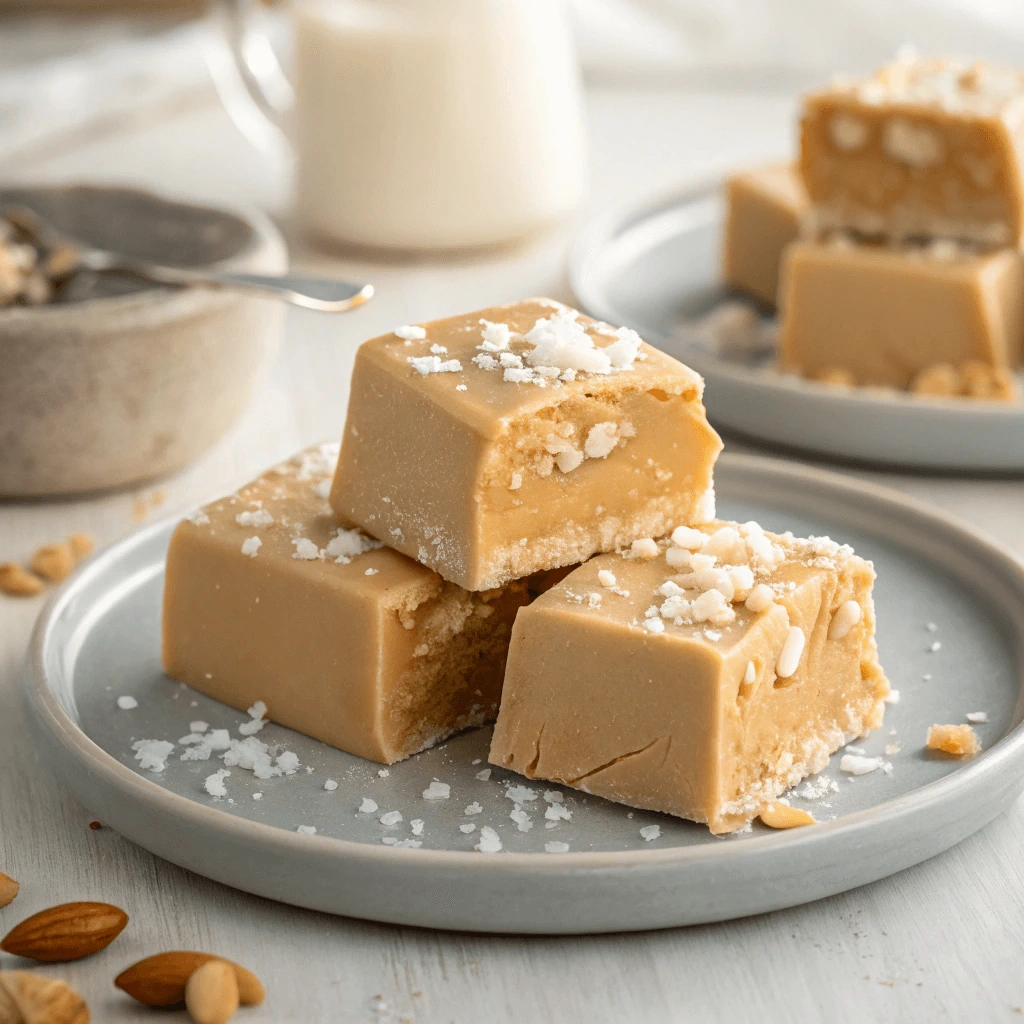 Close-up of homemade 3-ingredient peanut butter fudge squares on a plate