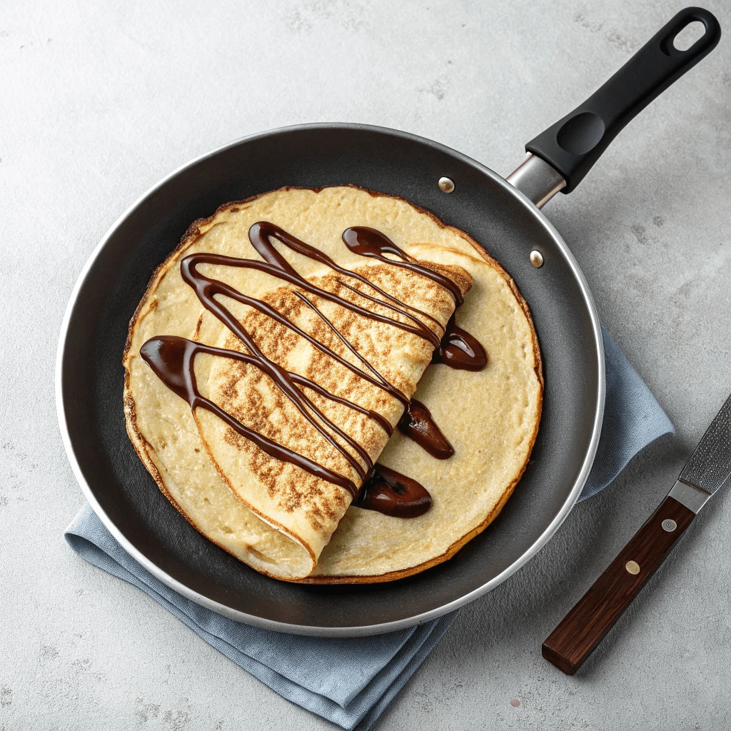 Close-up of a crepe being flipped in a specialized pan, showcasing its even golden-brown texture.