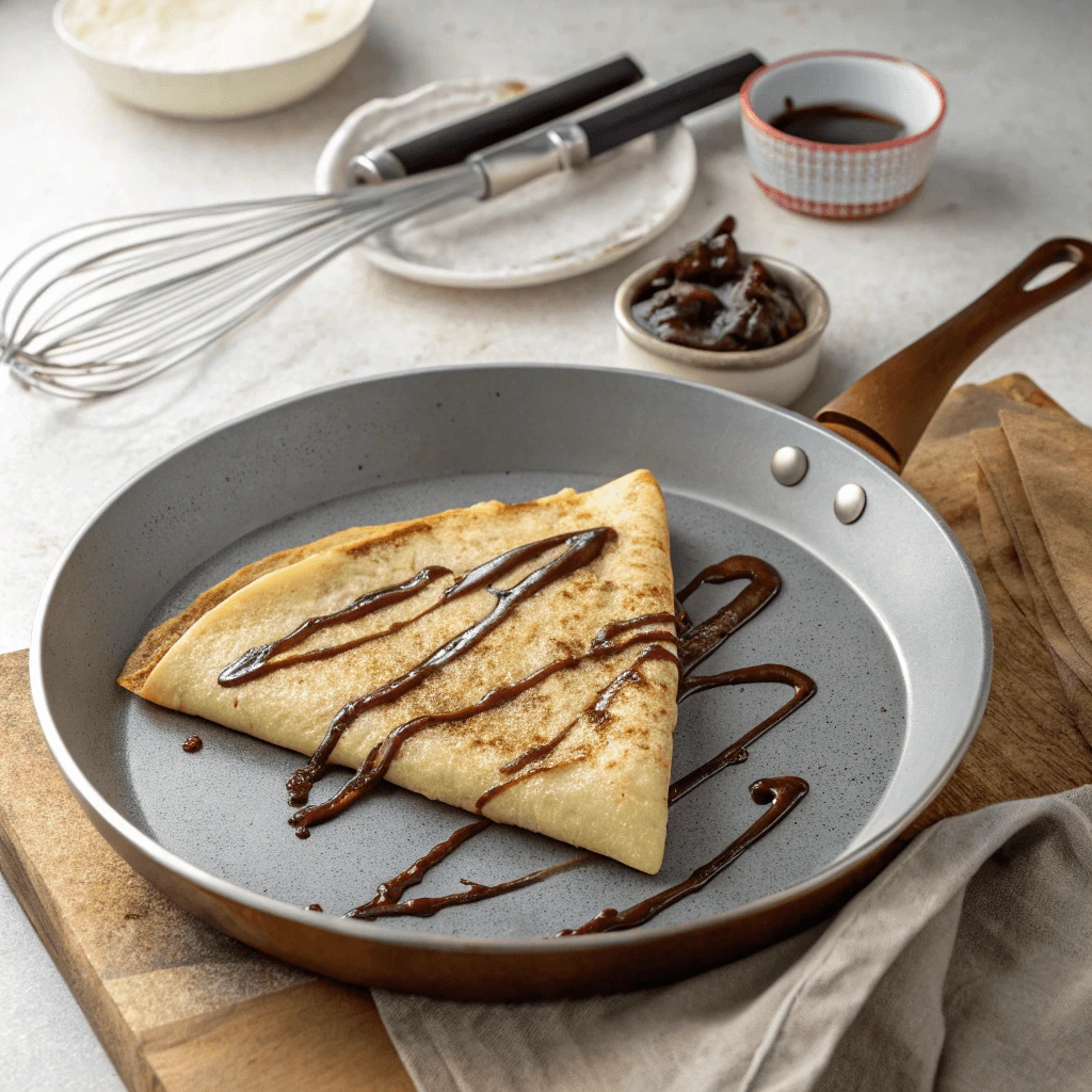 A versatile crepe pan used for making crepes, pancakes, and sautéed vegetables, illustrating its multipurpose design.