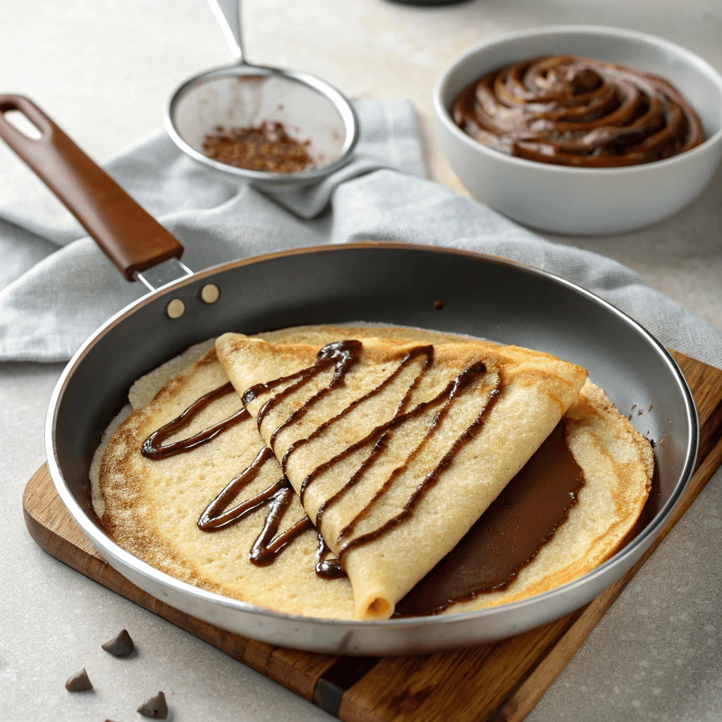 A stack of perfectly cooked crepes on a plate next to a crepe pan, ready to be served with fresh fruits and syrup.