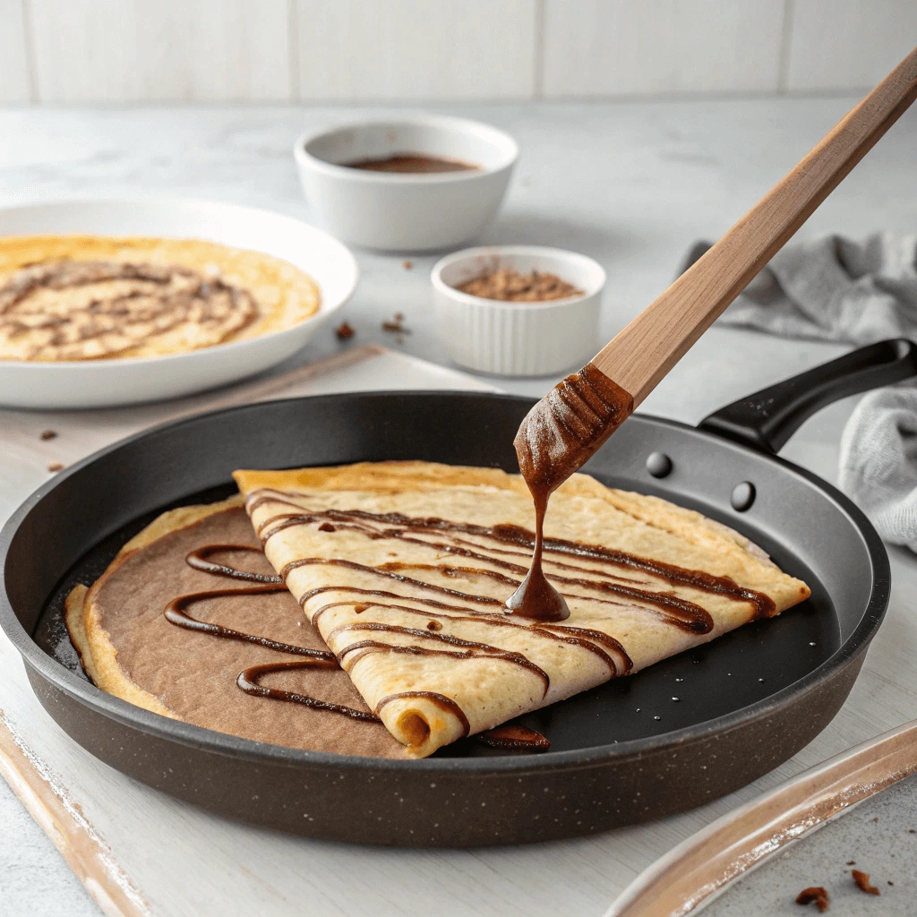 A non-stick crepe pan on a kitchen countertop, surrounded by freshly made crepes and various toppings.