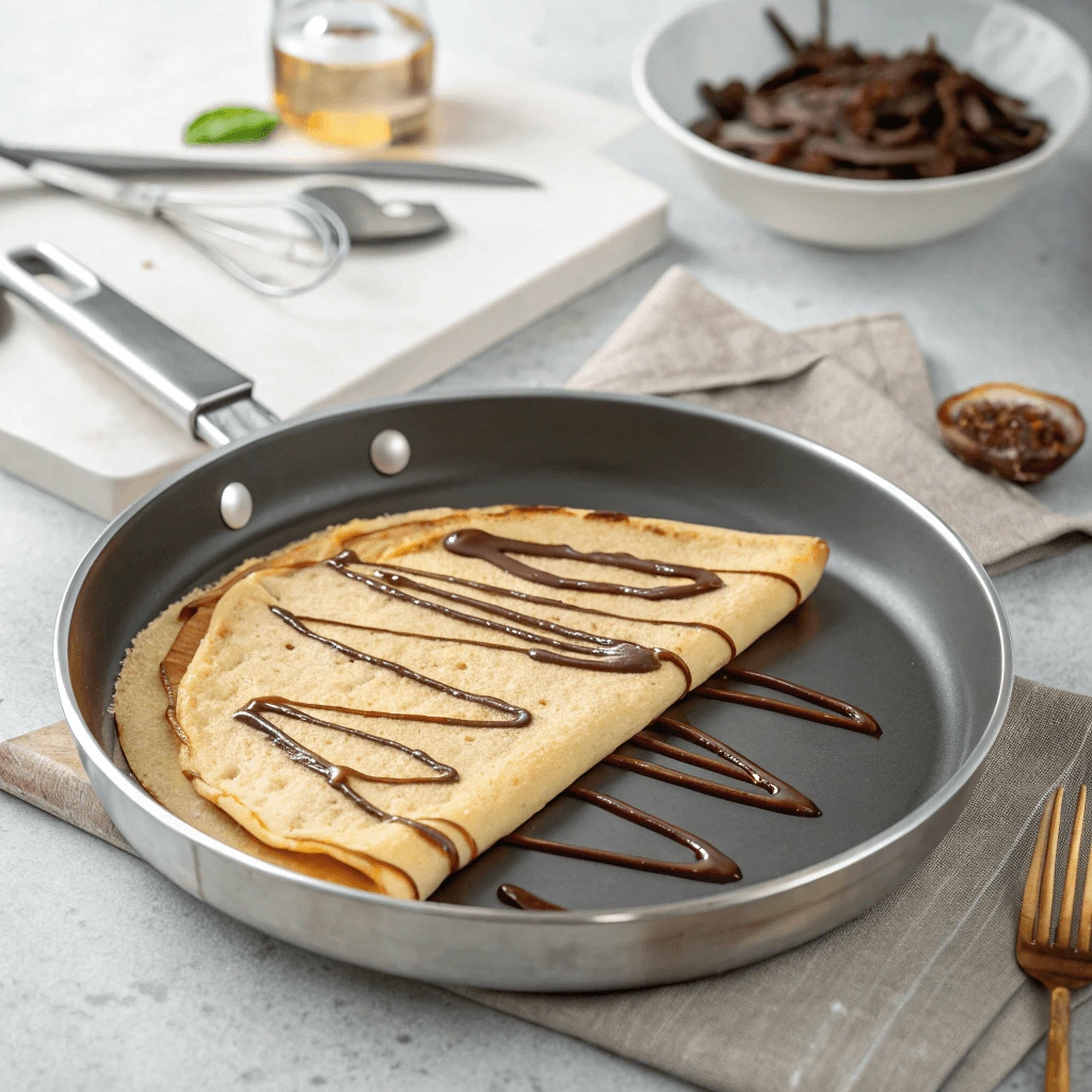 Cooked crepes with toppings in a non-stick crepe pan