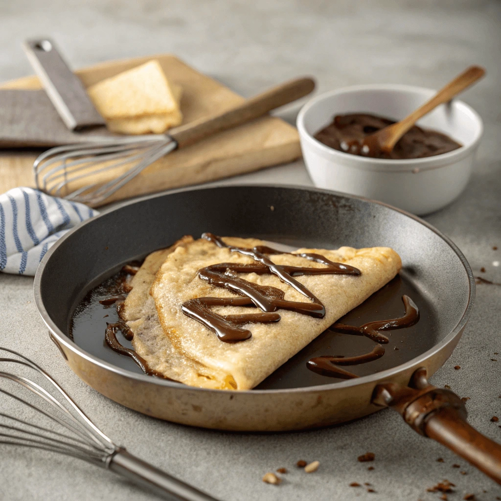 Crepe being flipped in a non-stick crepe pan