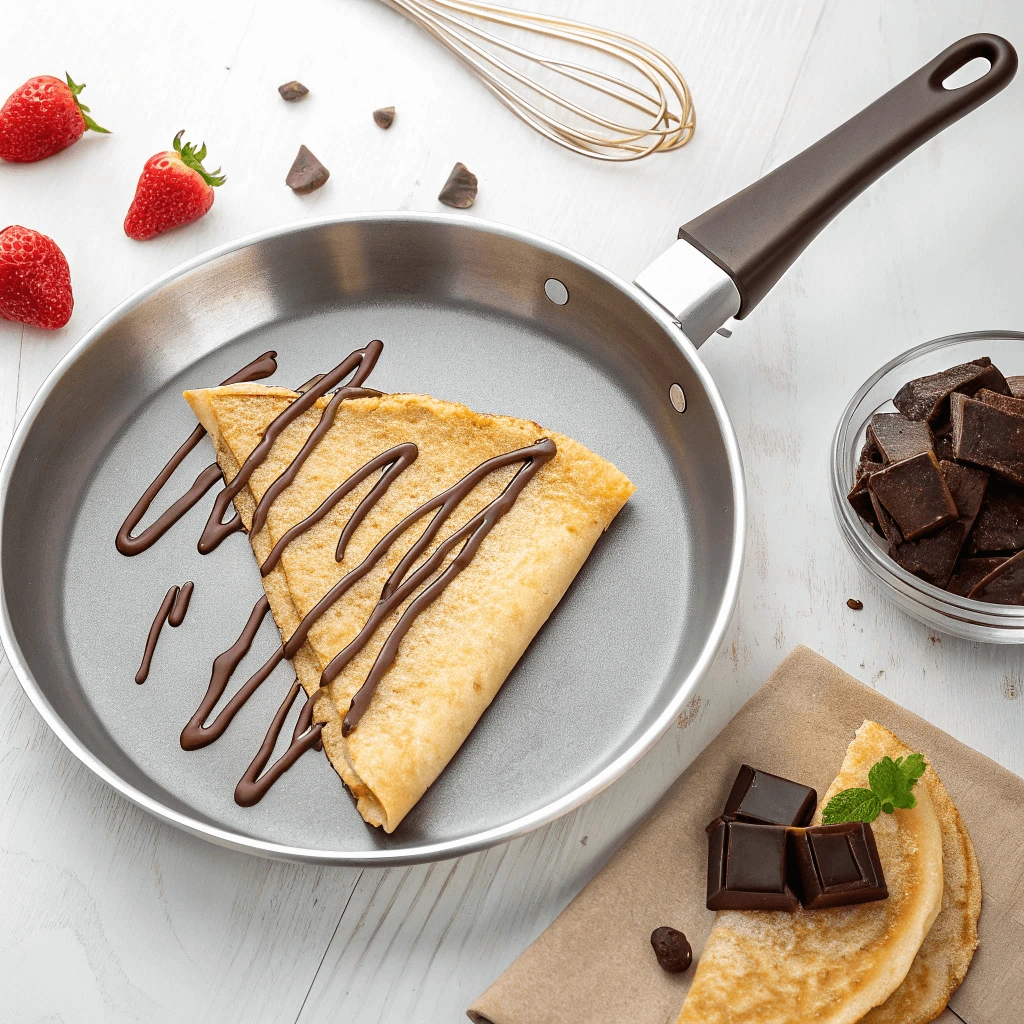 Delicious crepes stacked on a plate beside a crepe pan