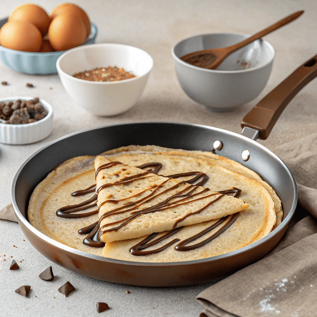 Close-up of a crepe being poured into a hot crepe pan