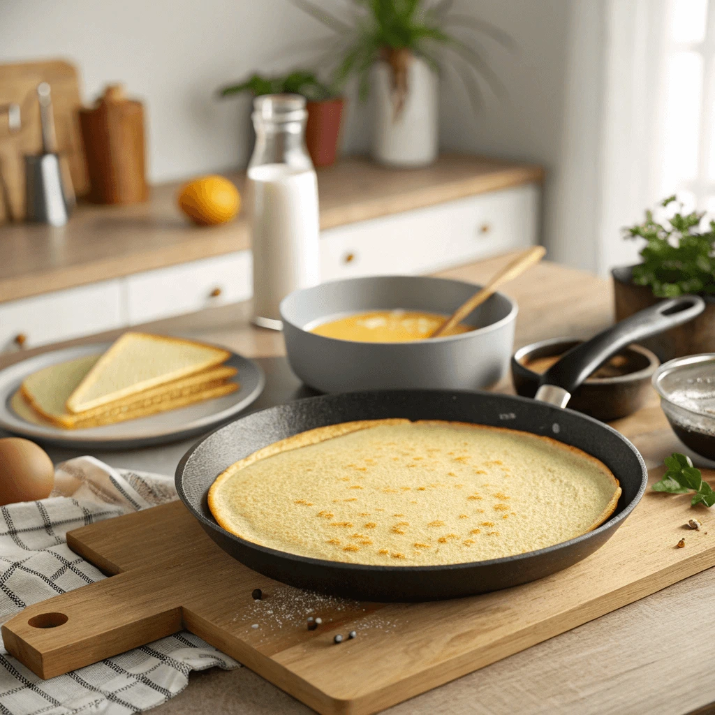Crepes cooking evenly in a professional crepe pan at home.