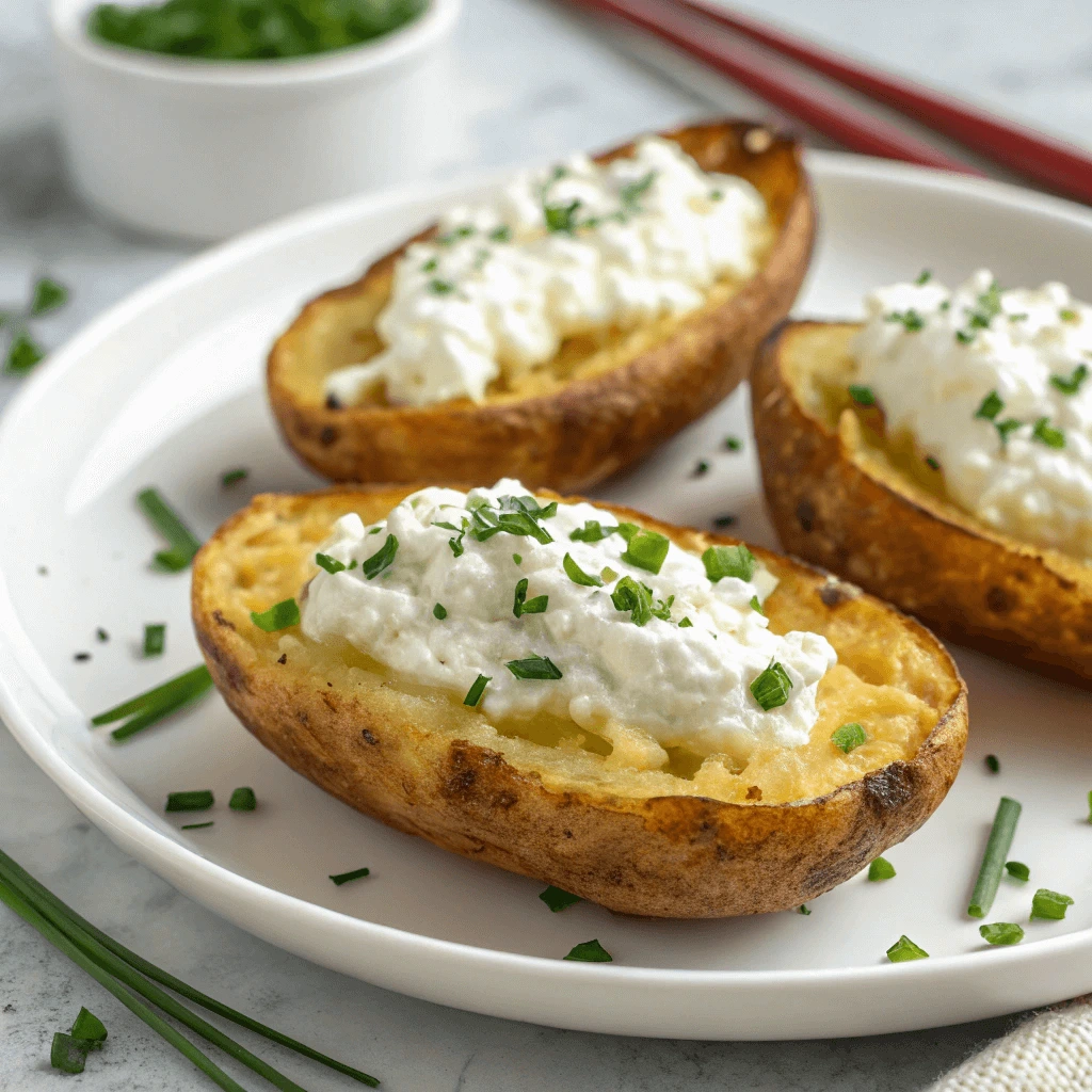 Crispy air fryer baked potato skins stuffed with cottage cheese, garnished with fresh herbs and spices.