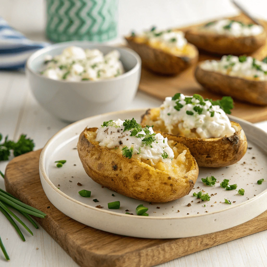 Crispy air fryer baked potato skins filled with creamy cottage cheese and fresh herbs.