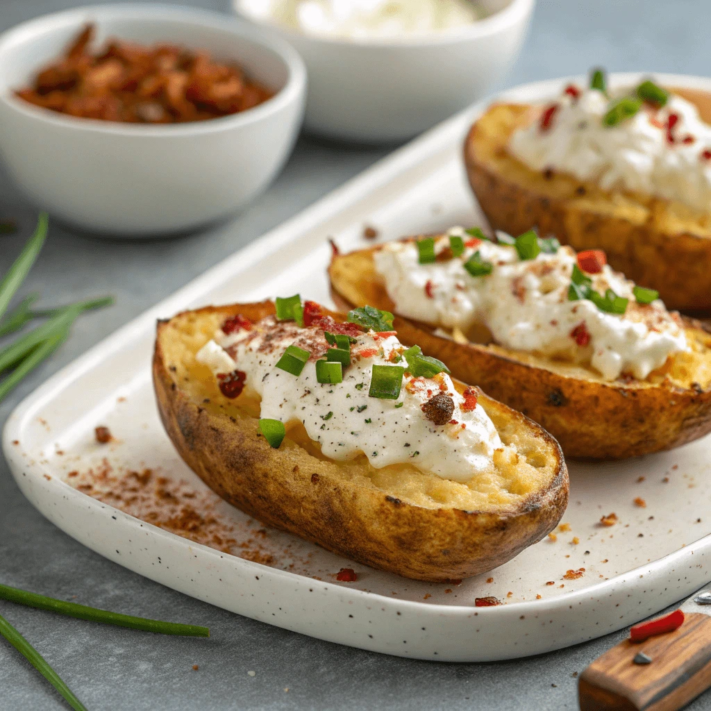 Crispy air fryer baked potato skins with cottage cheese and fresh toppings.