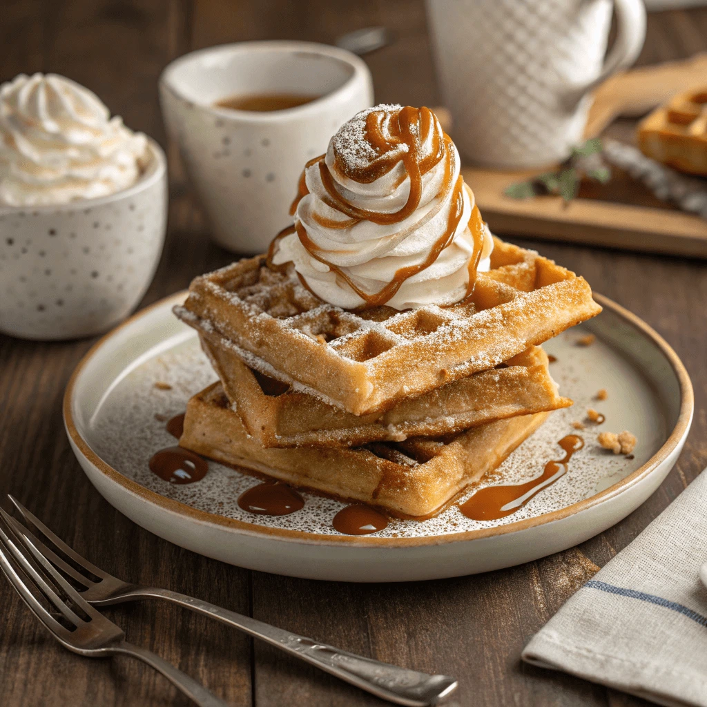 Creamy caramel salt waffles served with whipped cream and caramel drizzle.