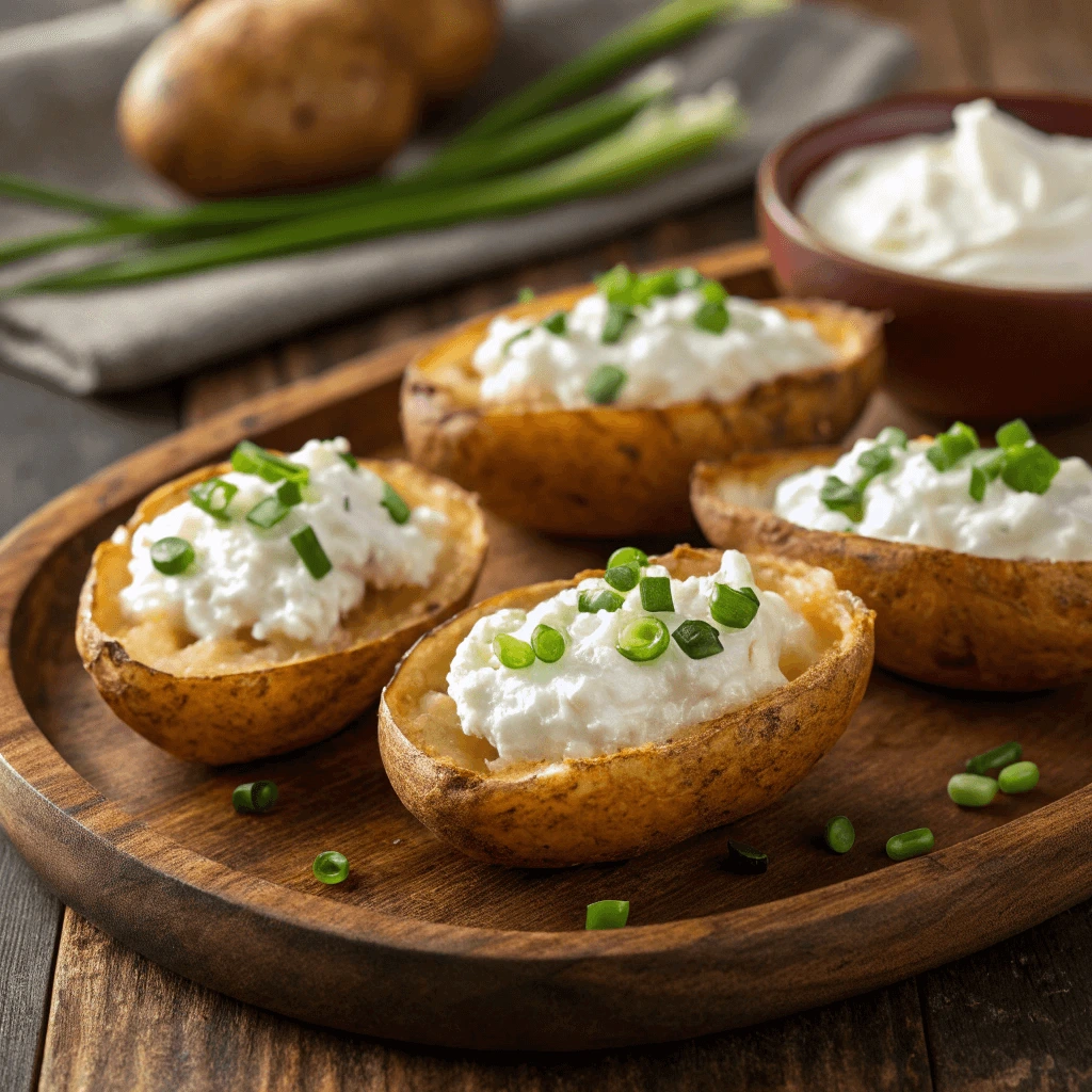 Crispy baked potato skins in air fryer with cottage cheese and green onions on top.
