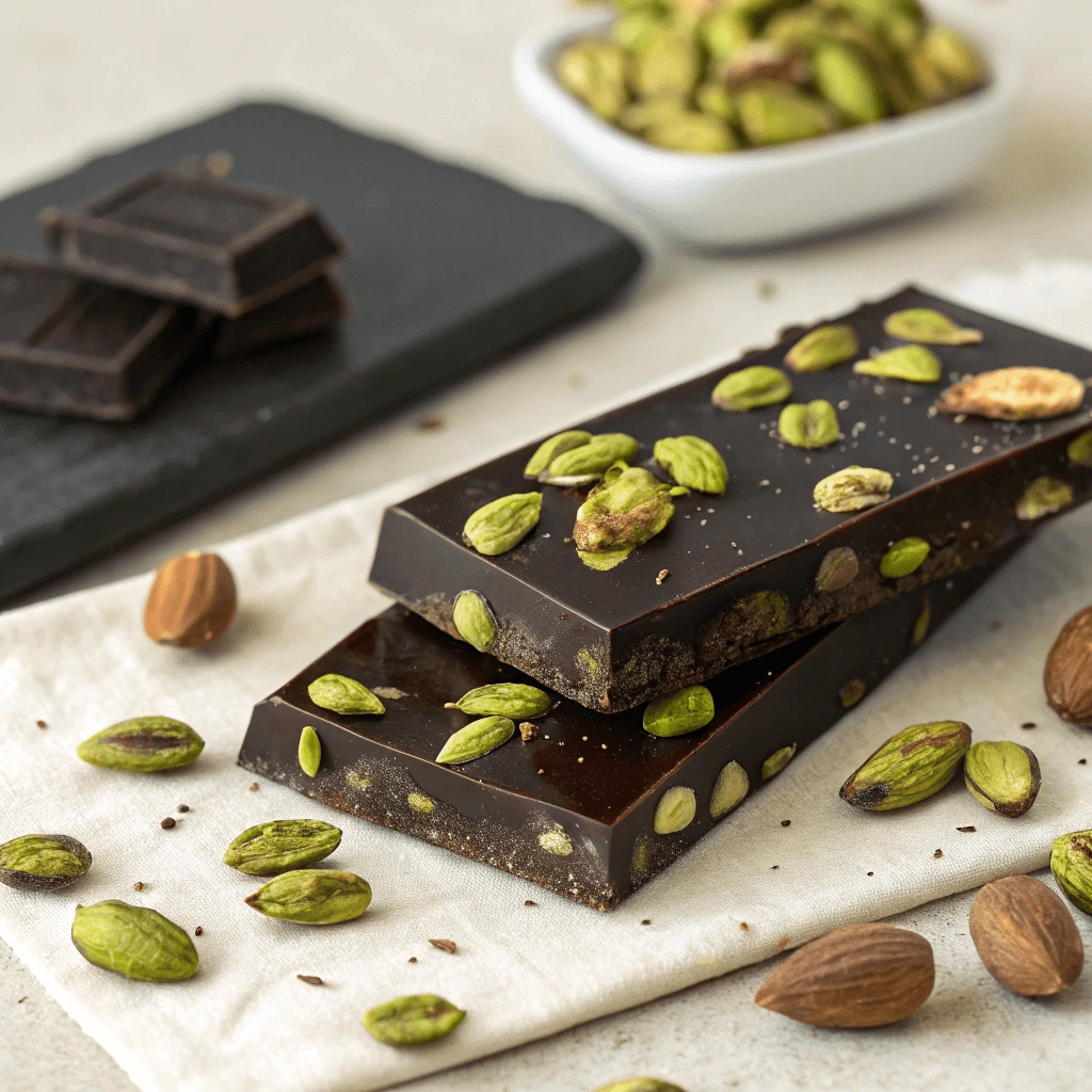 An assortment of pistachio chocolate bars with a few pieces broken to show the pistachio filling inside.