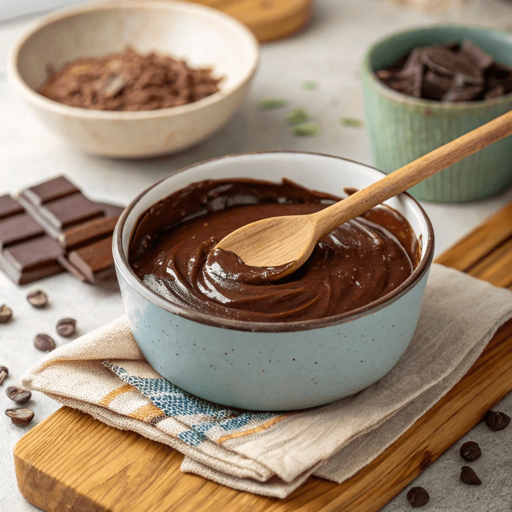 A bowl of melted sugar-free chocolate with a wooden spoon, ready for mixing