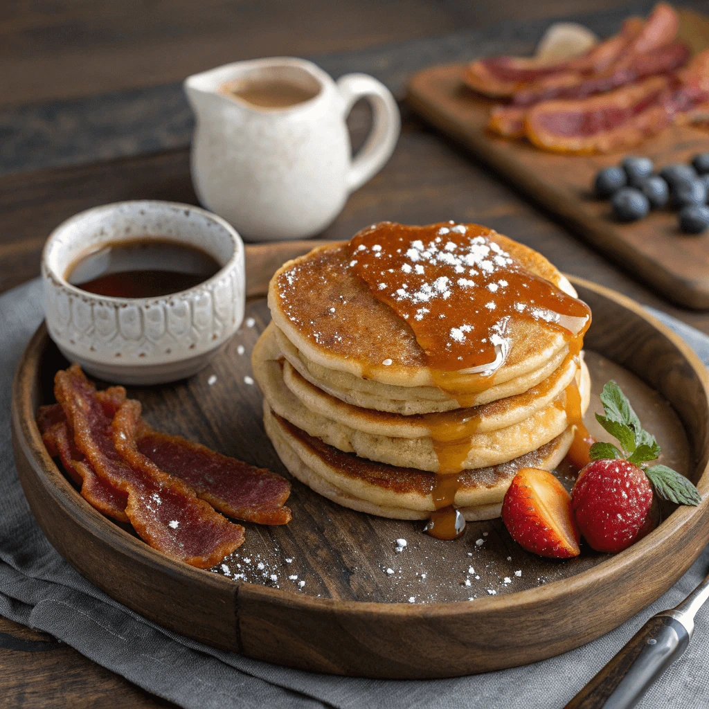 Delicious Carmel Salt Pancakes served with maple syrup and fresh fruit for a classic breakfast upgrade