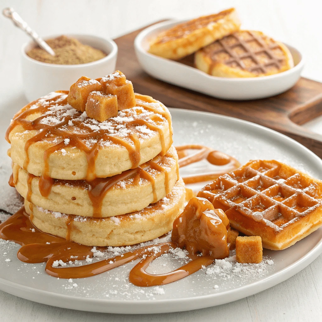 A chef drizzling caramel sauce over a stack of caramel salt pancakes with a side of crispy waffles on the plate