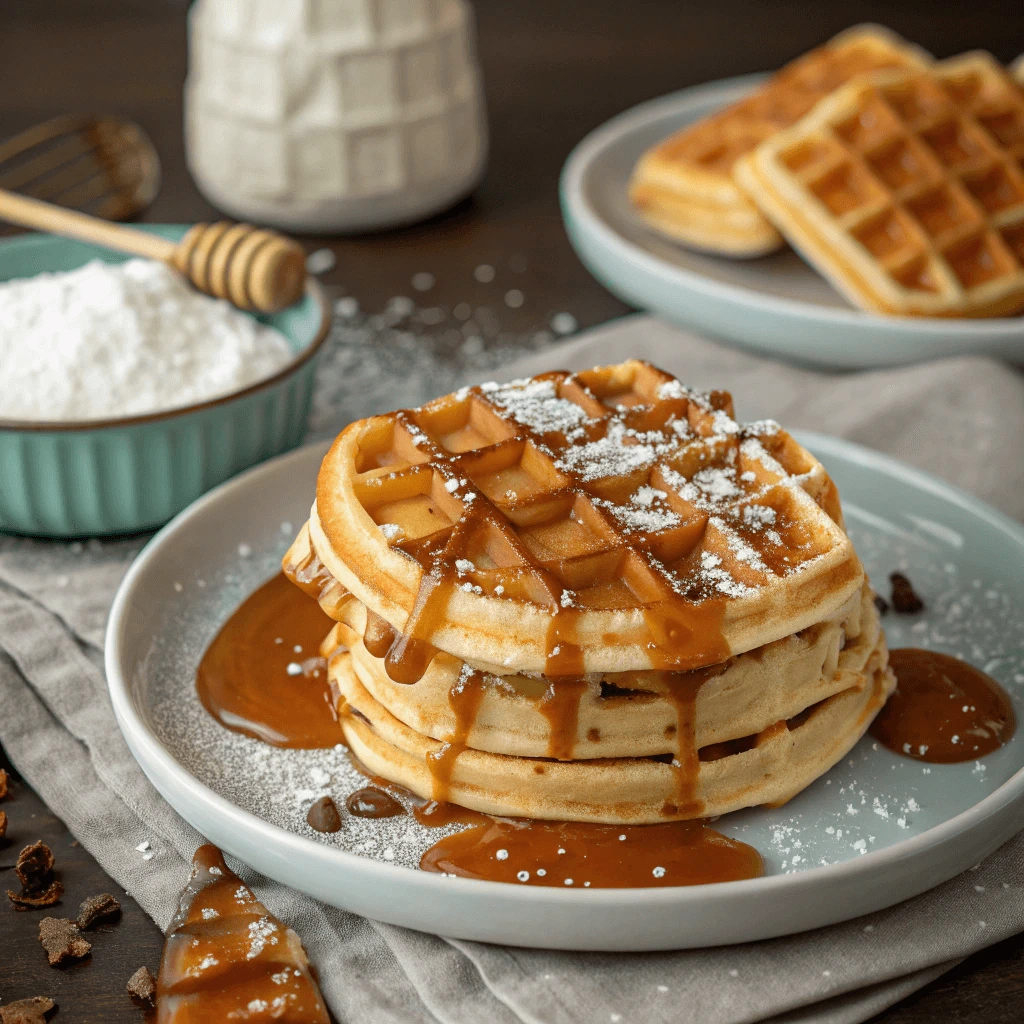 A step-by-step guide showing ingredients for caramel salt pancakes and waffles laid out on a kitchen countertop.