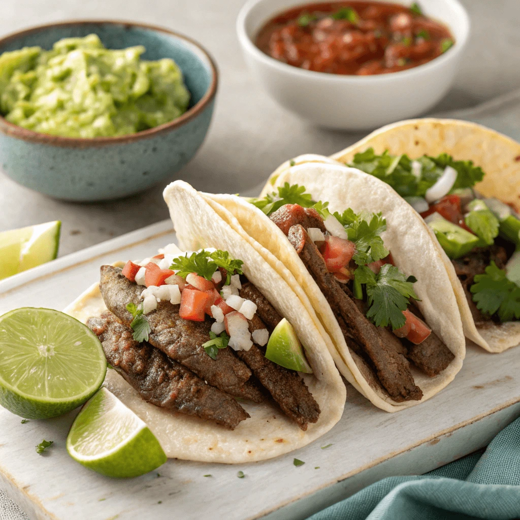  Carne asada tacos filled with tender grilled beef, topped with fresh toppings like cilantro and onions