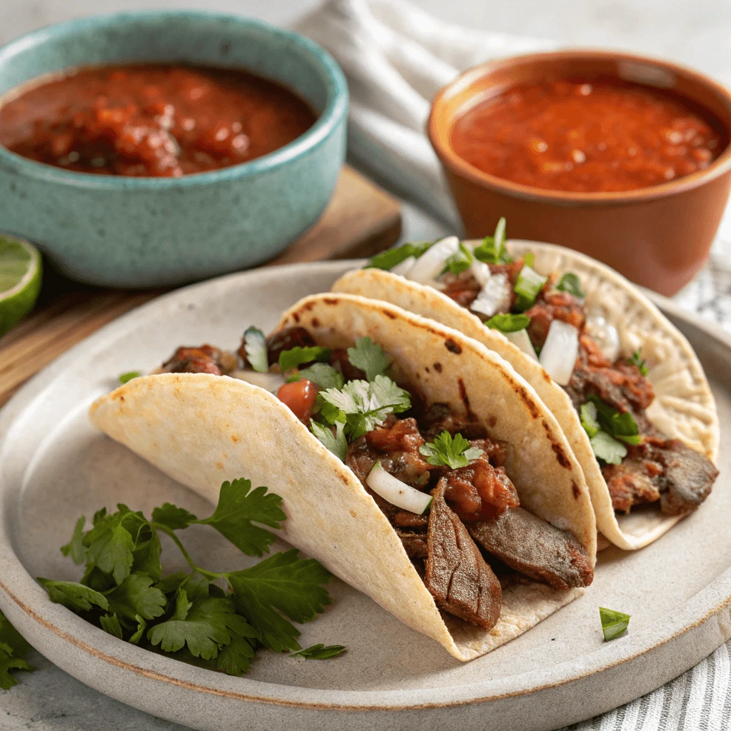 A plate of delicious carne asada tacos topped with fresh cilantro,