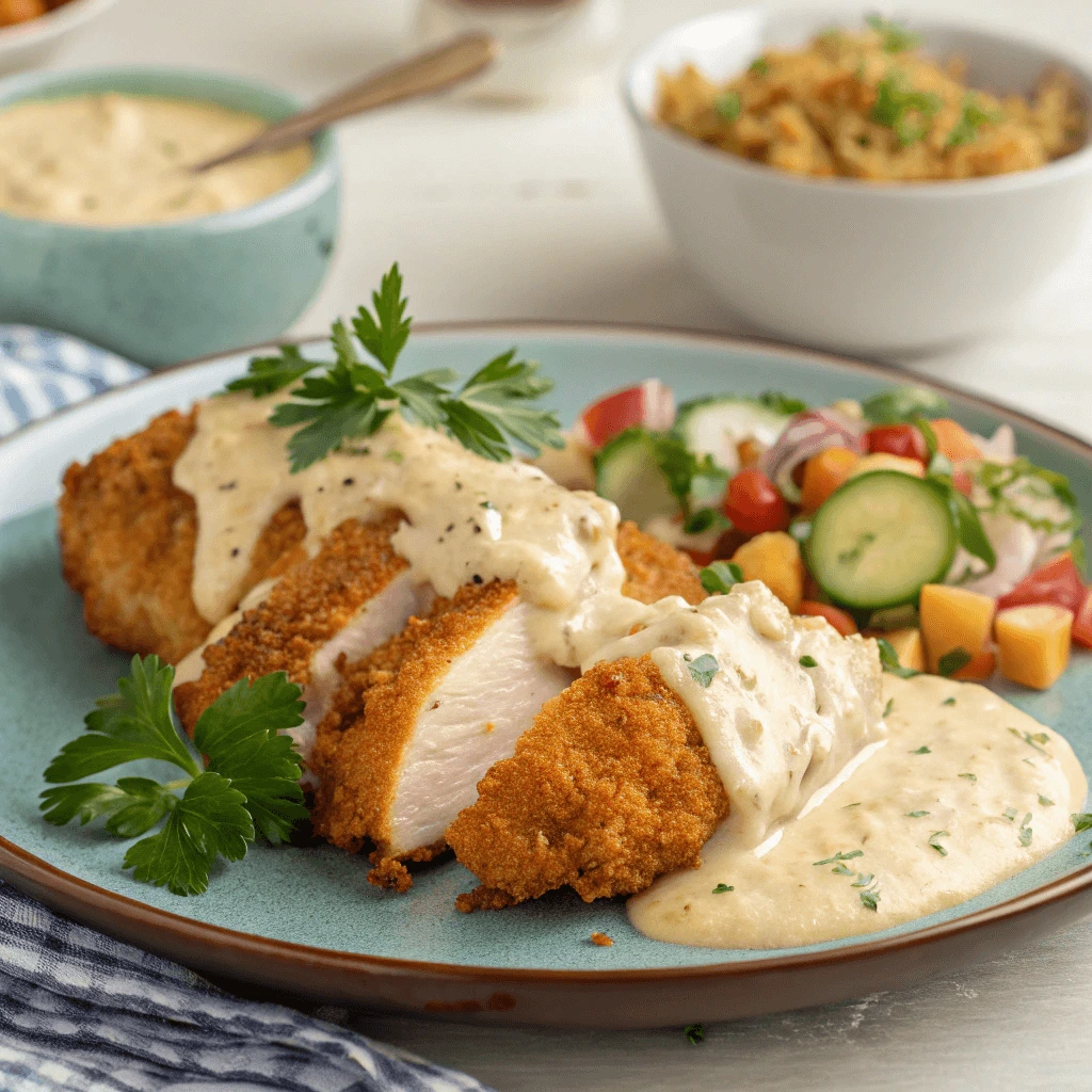 Quick and delicious chicken and dressing recipe with crispy chicken and flavorful dressing