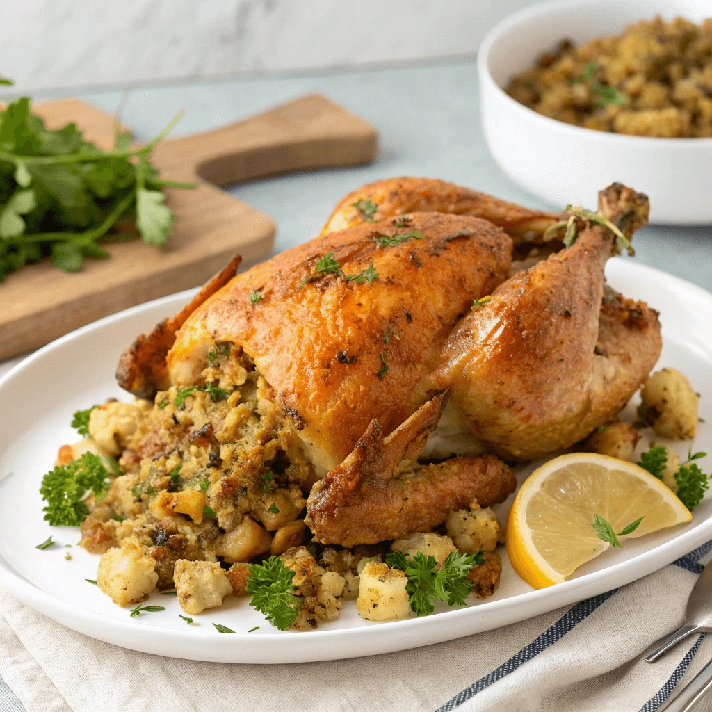 Close-up of homemade chicken and dressing in a baking dish.