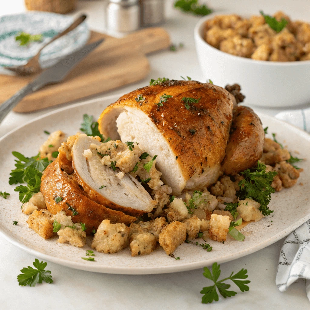 Homemade chicken and dressing dish served with a side of fresh vegetables