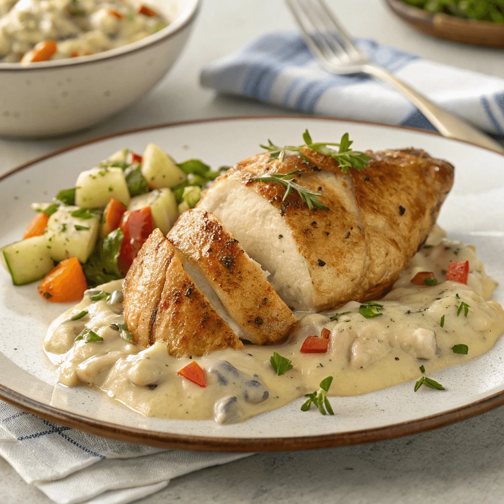 Comforting chicken and dressing recipe served on a dinner plate with golden crispy chicken