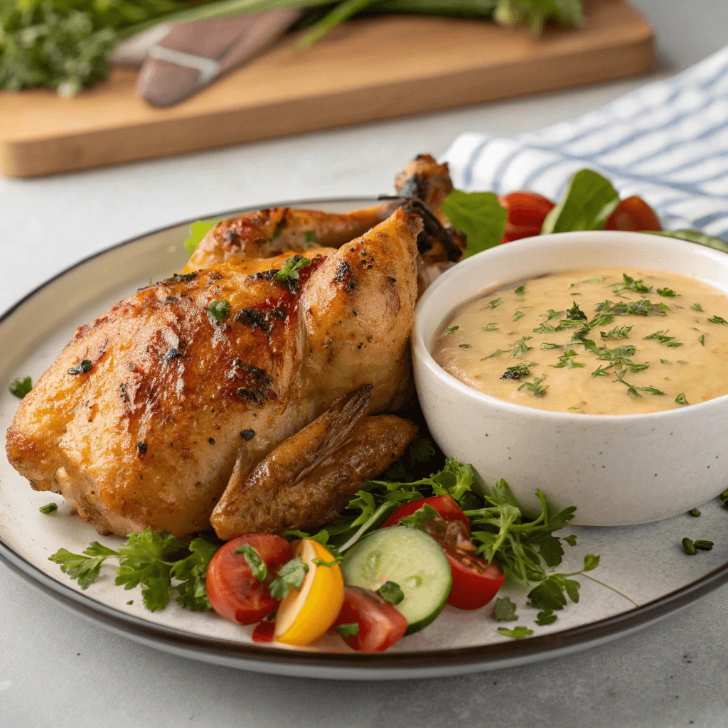 Chicken and dressing on a plate with a side of vegetables.