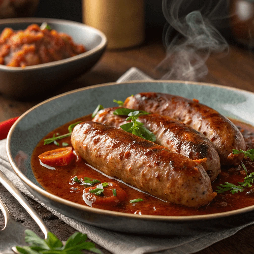 A pan of hot sausage stir-fry