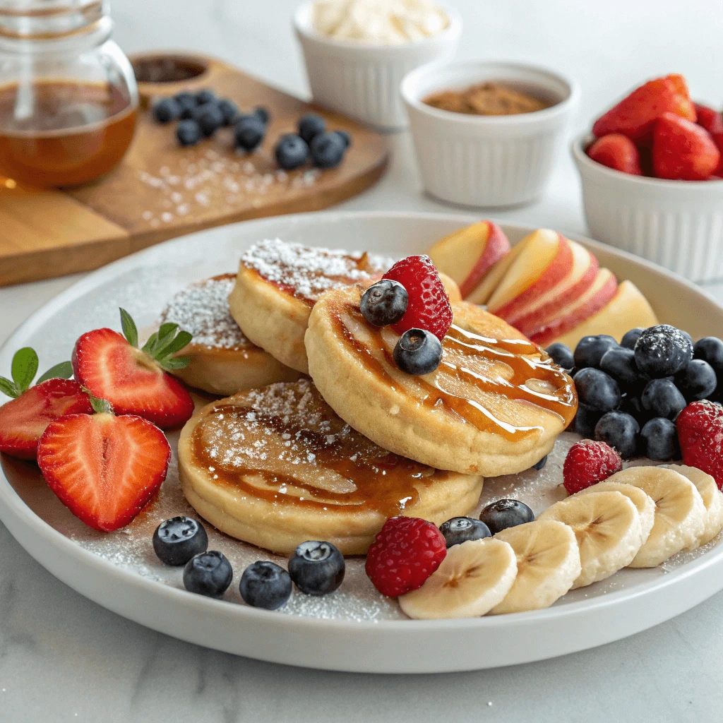 A close-up of caramel salt waffles, golden brown and crispy, served with fresh berries and a drizzle of caramel sauce.