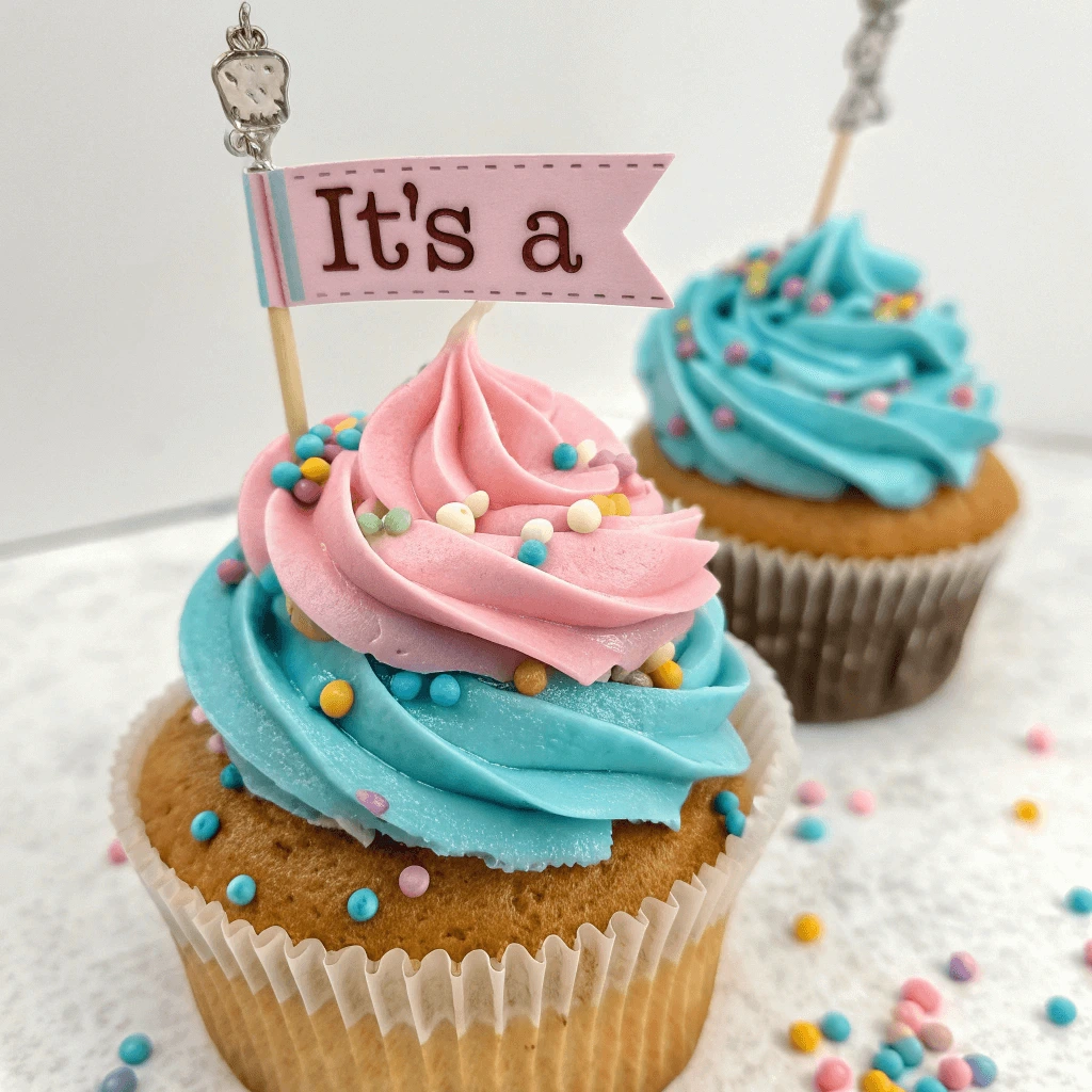 Rainbow-themed gender reveal cupcakes with vibrant sprinkles and toppers