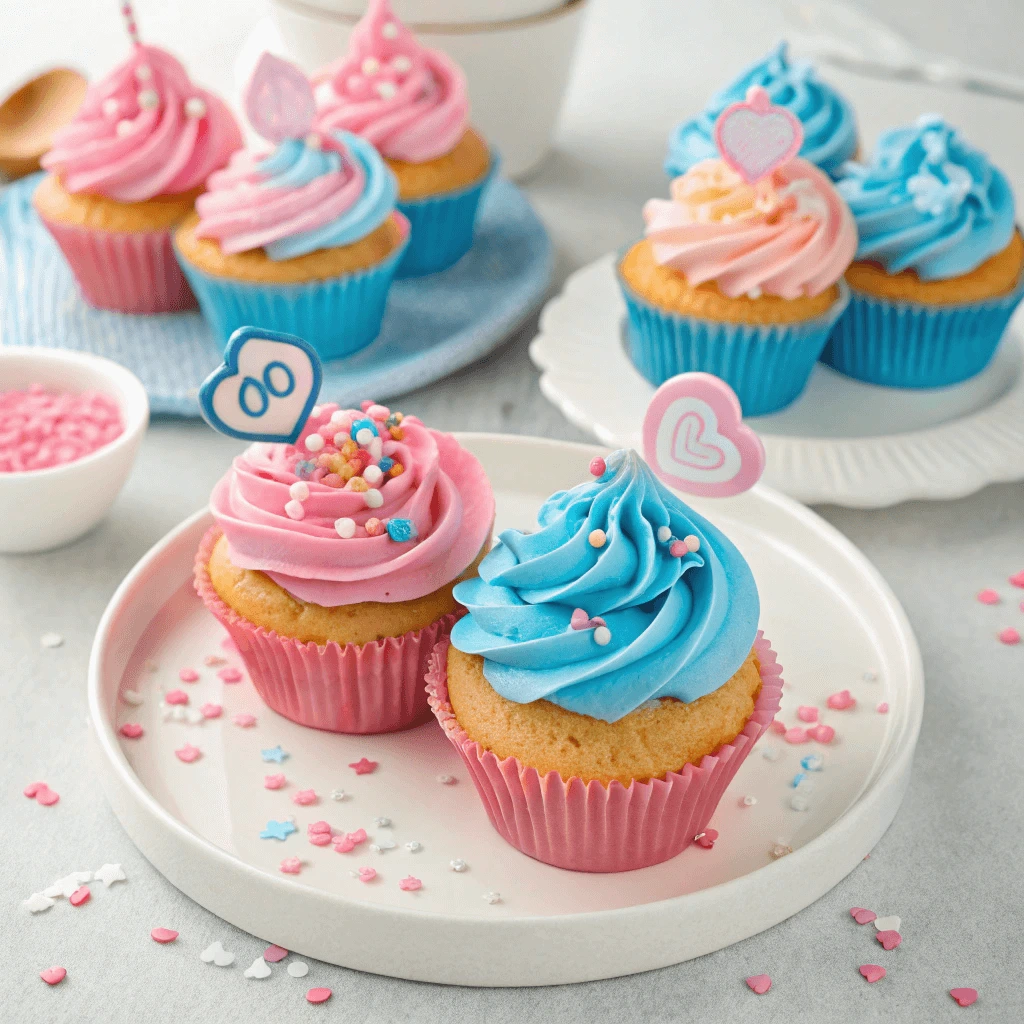 Gender reveal cupcakes with marbled frosting and sprinkles