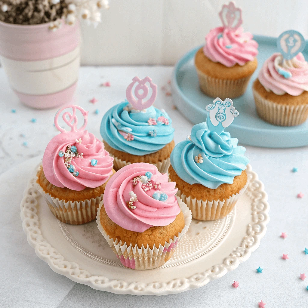 Close-up of gender reveal cupcakes with surprise filling