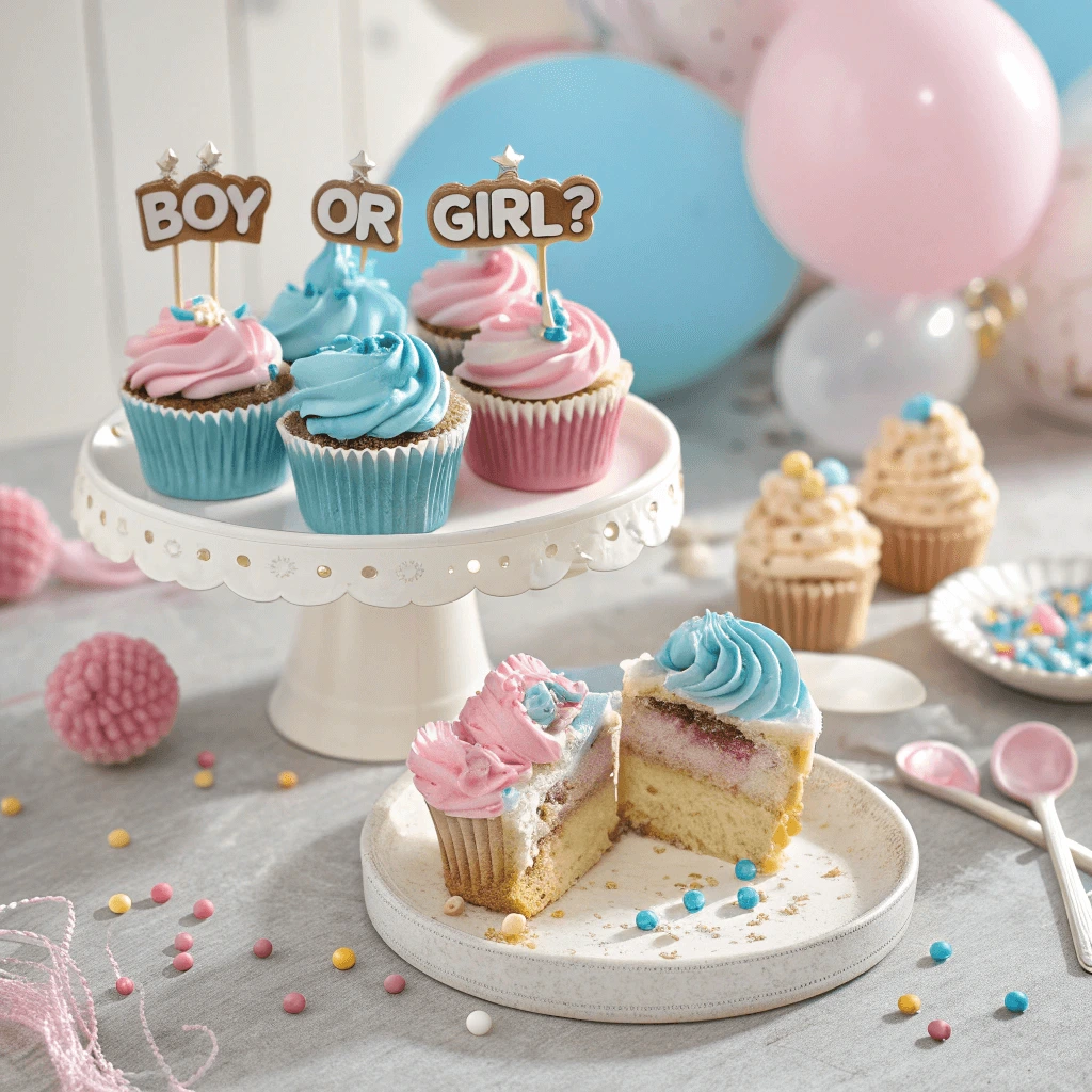 A variety of gender reveal cupcakes with pink and blue fillings.