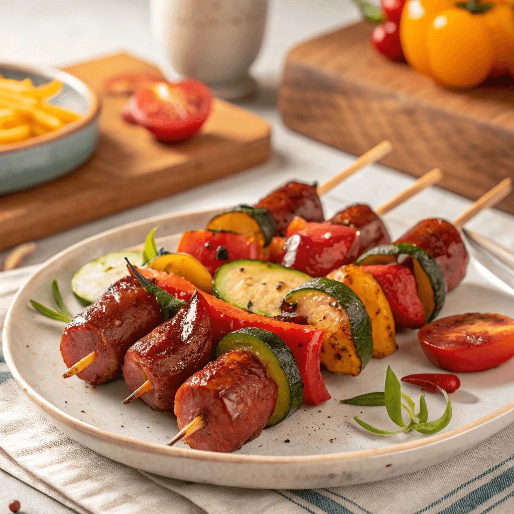 Grilled Summer Sausage Skewers - Smoky and savory summer sausage paired with grilled vegetables on skewers.