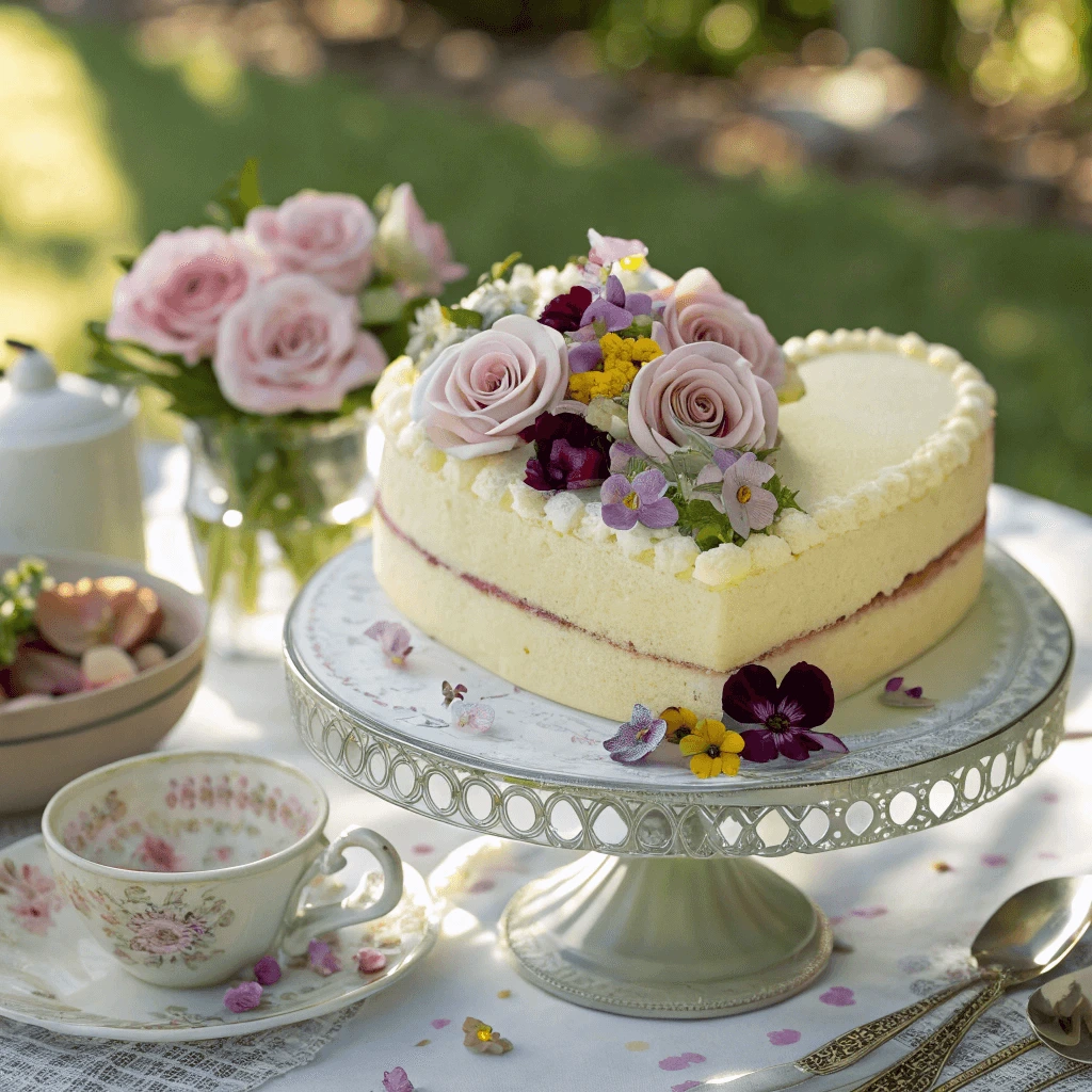Delicious heart-shaped cake decorated with fresh flowers