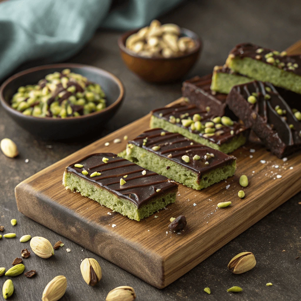 Close-up of homemade pistachio chocolate bars on a wooden board