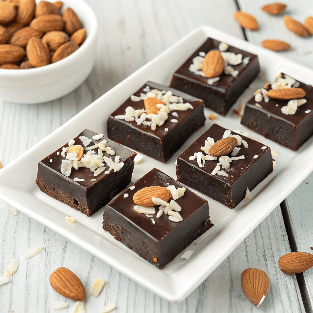 Homemade sugar-free chocolate squares topped with almonds and coconut flakes.